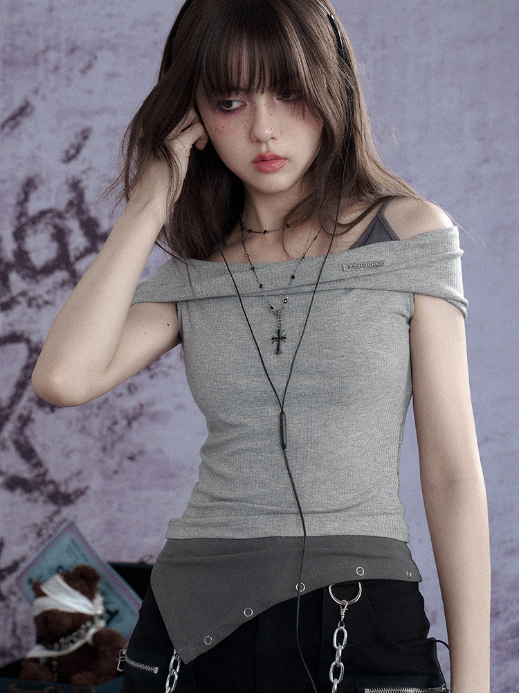 Subcul Grunge Off-Shoulder Asymmetric Ribbed Top