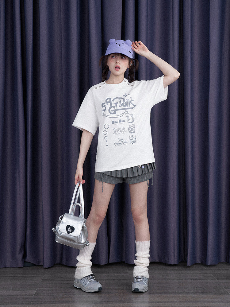 Whimsical Star Studded Pixel Graphic T-shirt