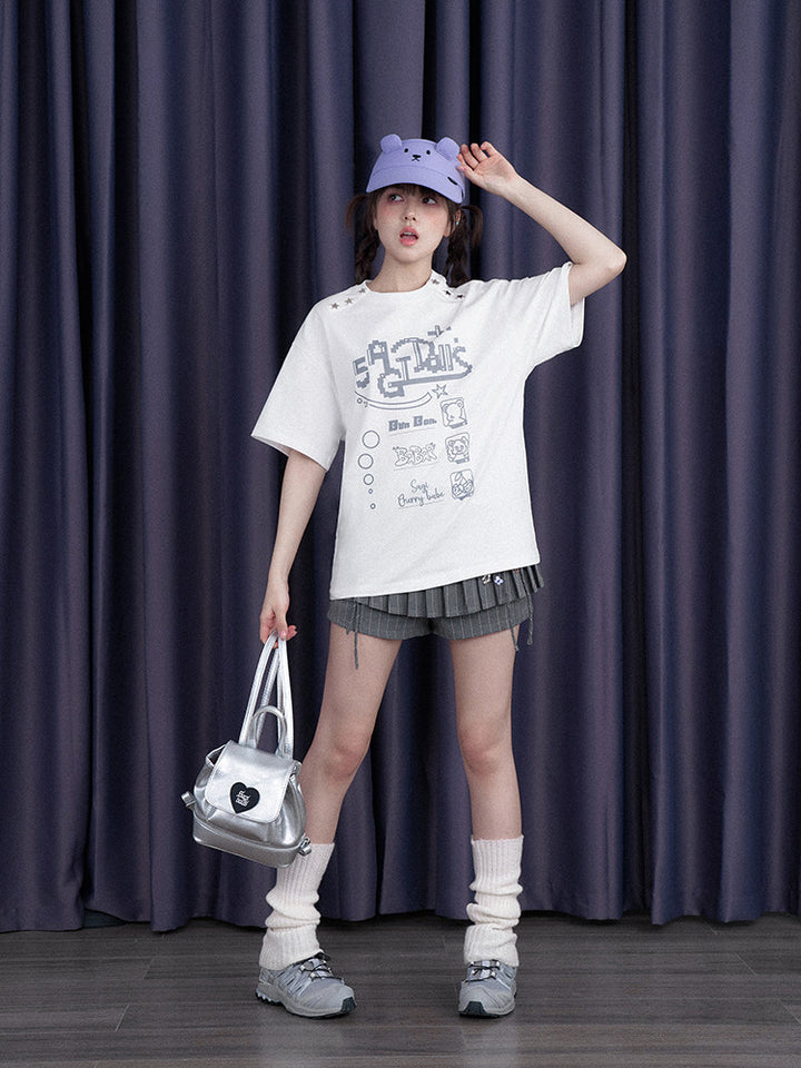 Whimsical Star Studded Pixel Graphic T-shirt