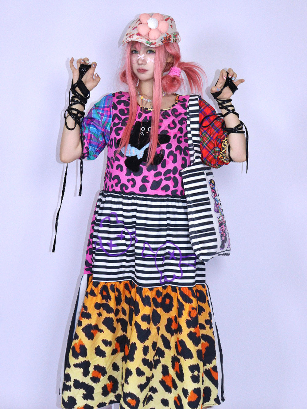 Pink Leopard Cat Patchwork Midi Dress