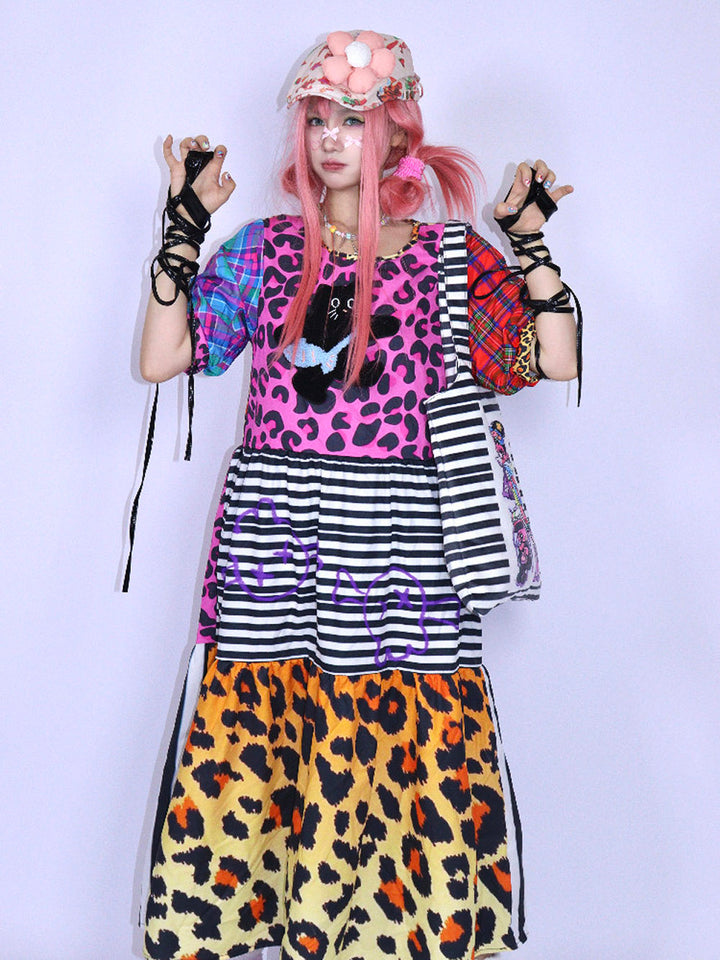 Pink Leopard Cat Patchwork Midi Dress