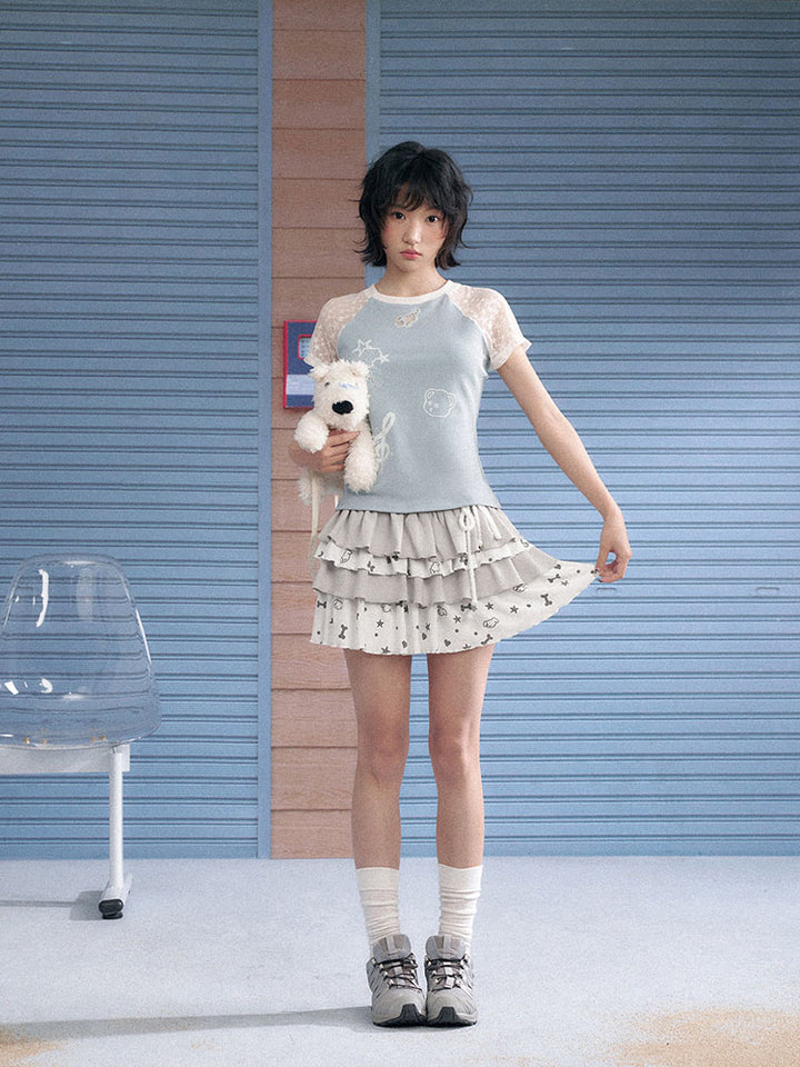 Pastel Blue Lace Sleeve Star Graphic Raglan Top