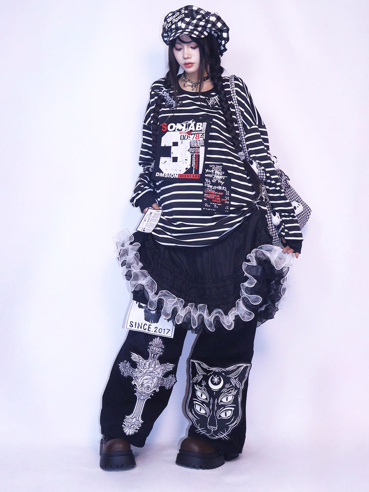 Black Striped Graphic Oversized Long Sleeve T Shirt