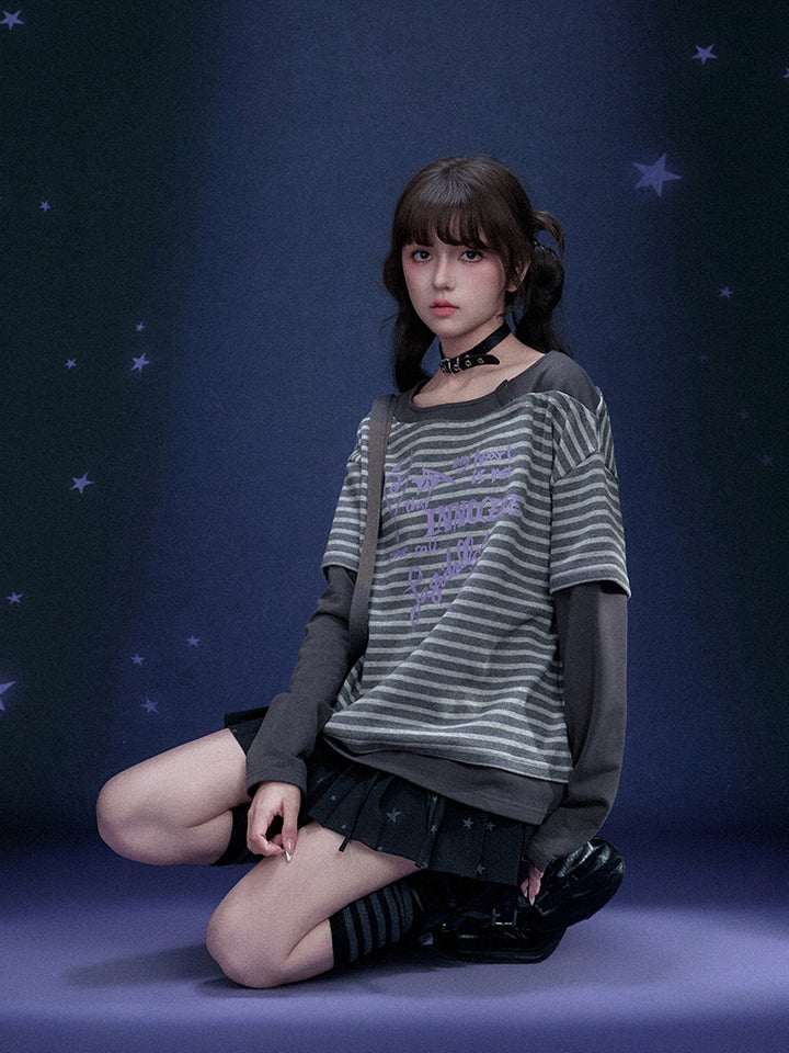 Street Striped Graffiti Print Faux Two Piece Top