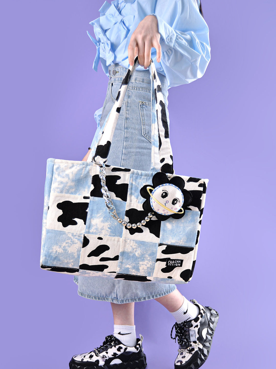 Cow Pattern Block Tote Bag