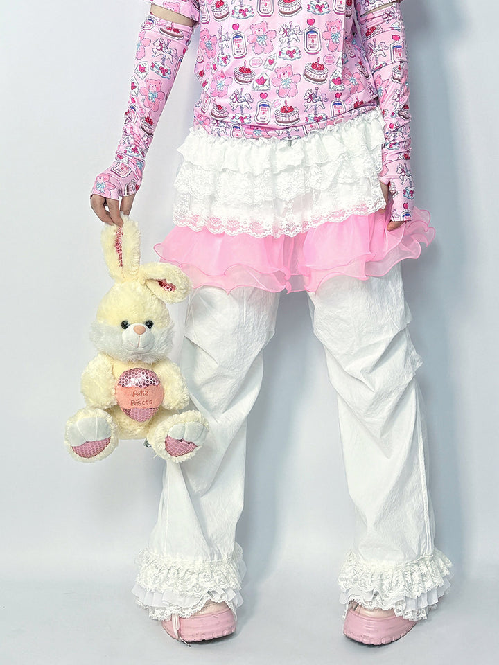 White Pink Ruffle Lace Wide Leg Pants
