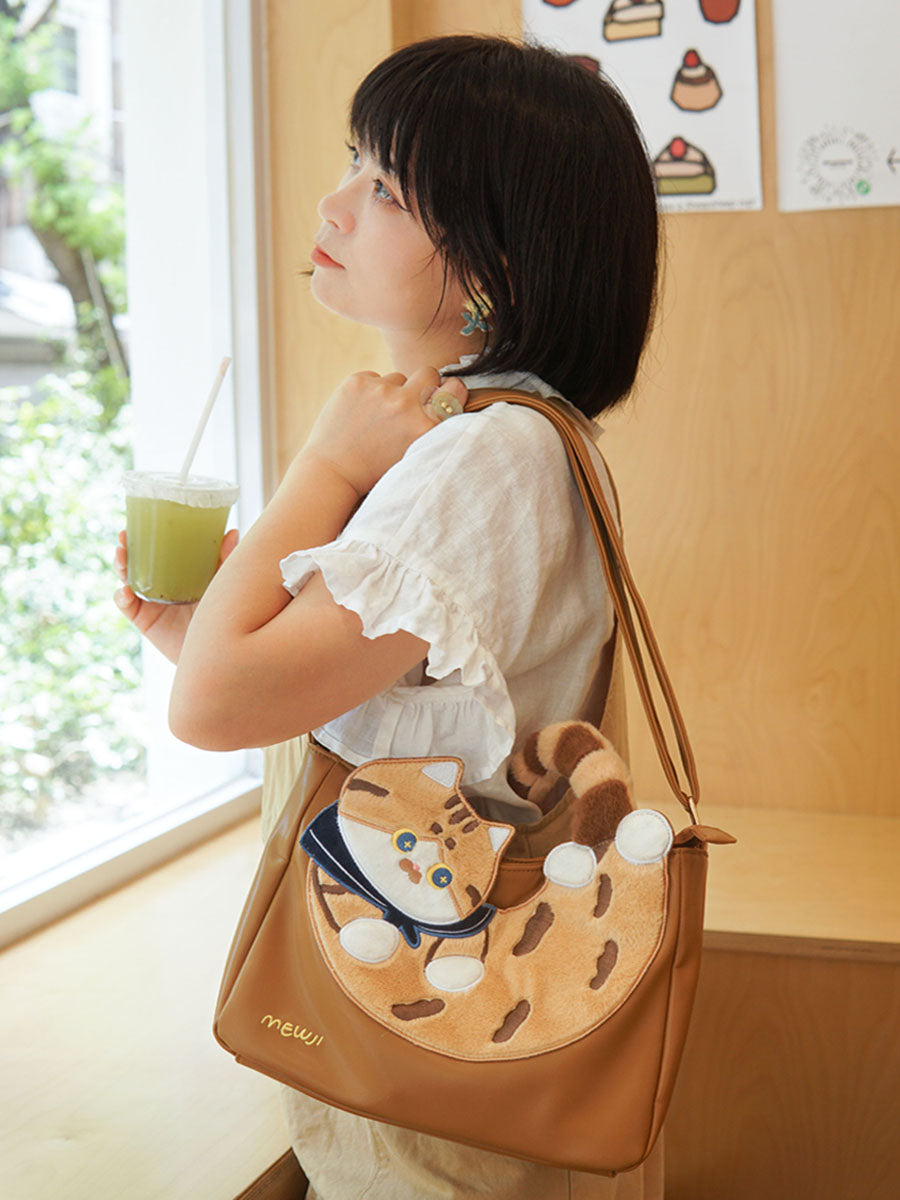 Cute Japanese-Style Brown Calico Cat Shoulder Bag