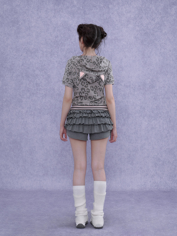 Leopard Print Cat Ear Short Sleeve Hoodie