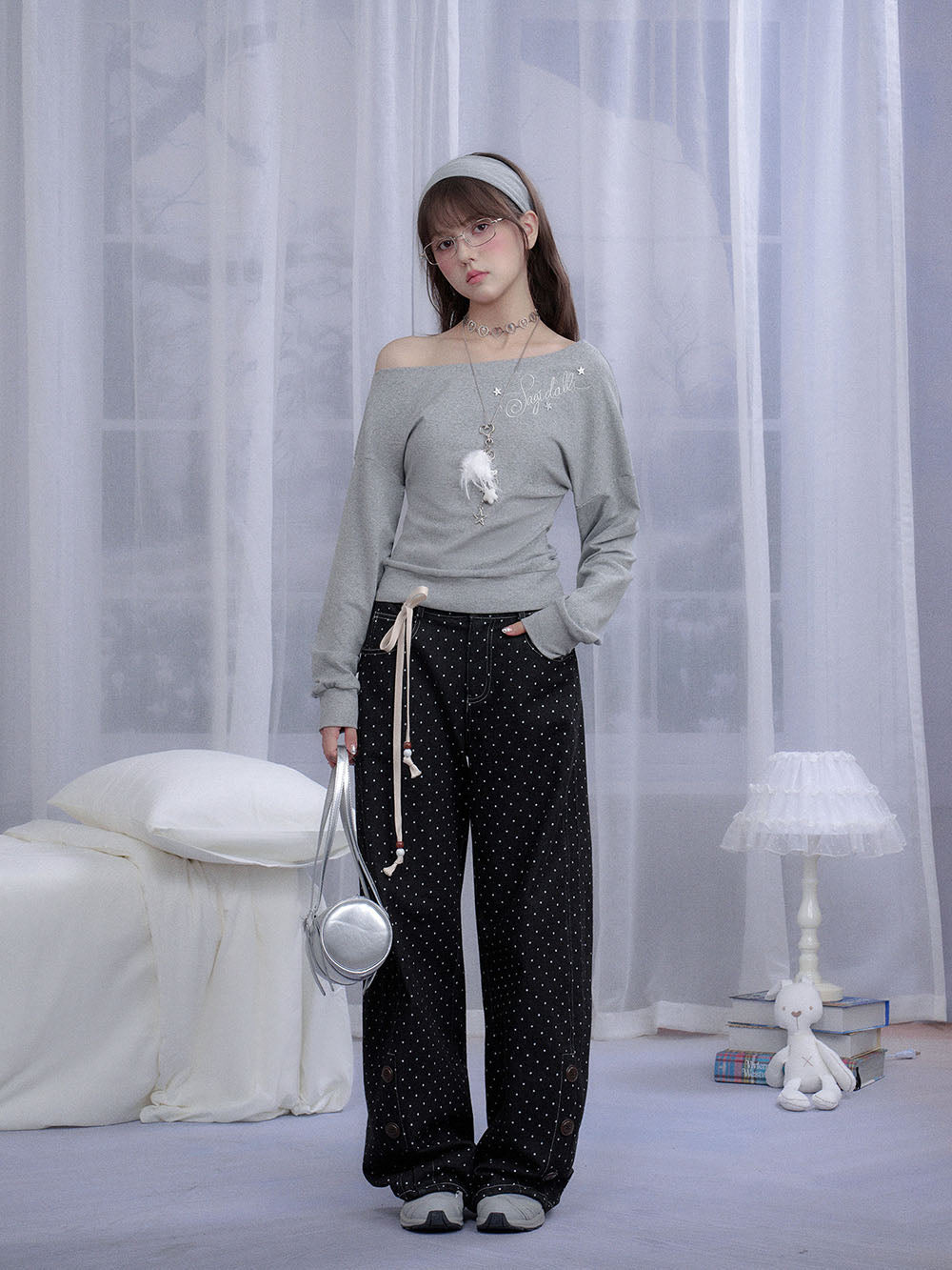 Black Polka Dot Button Detail Wide Leg Pants