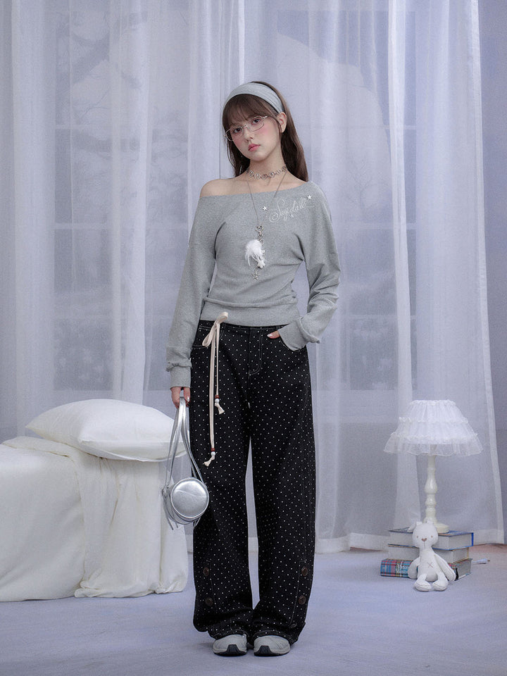 Black Polka Dot Button Detail Wide Leg Pants