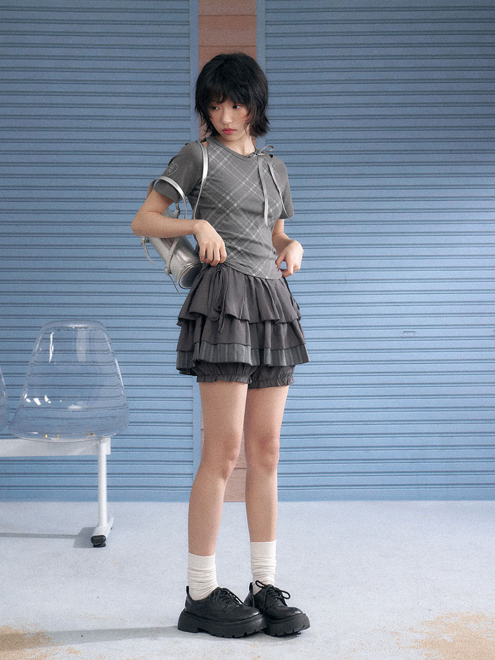 Gray Bow Tie Layered Ruffle Skort