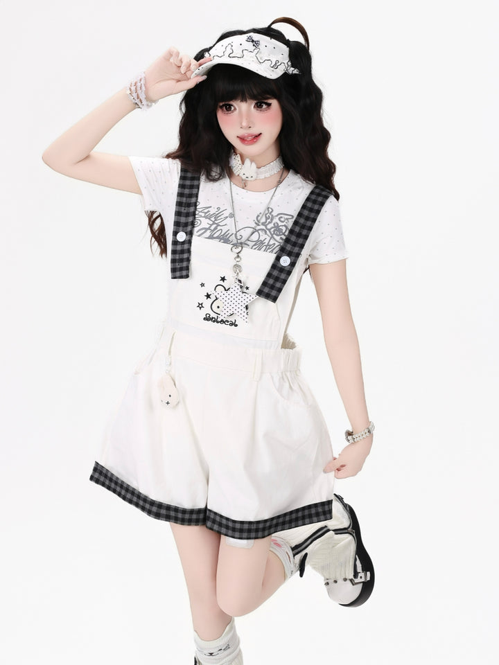 Bunny Plaid Trim Suspender Shorts
