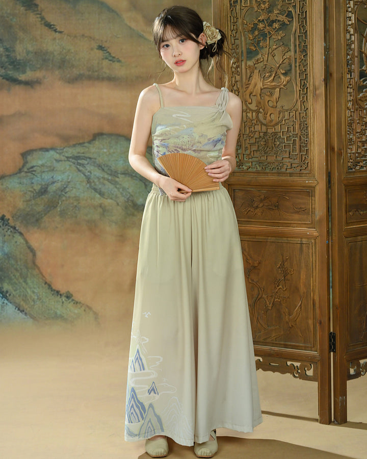 Chinese-style Printed Chiffon Wide-leg Pants