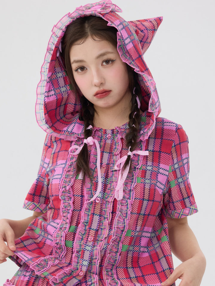 Pink Plaid Hooded Top Skirt