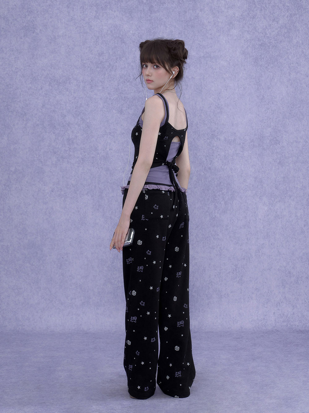 Black Cat Star Print Ruffle Wide Leg Pants