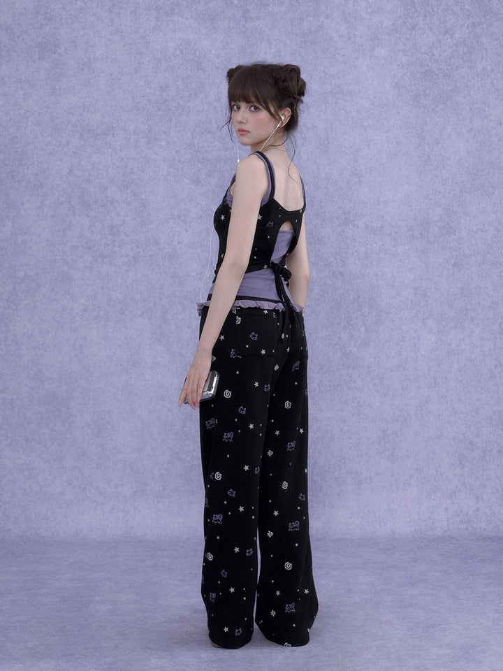 Black Cat Star Print Ruffle Wide Leg Pants