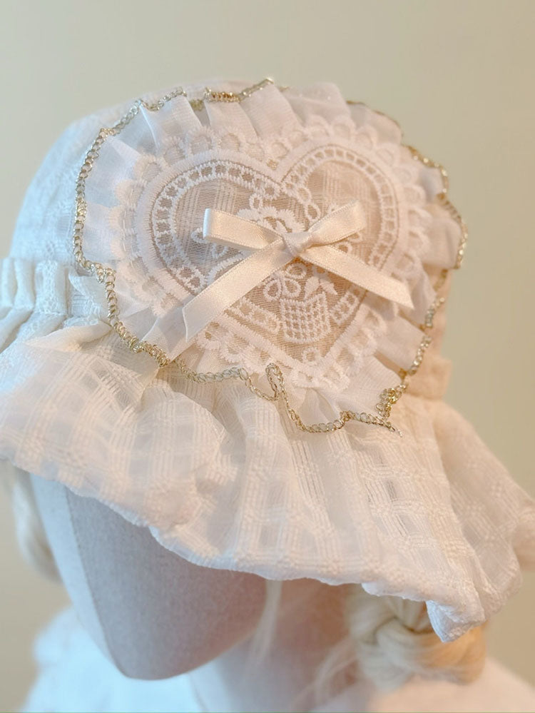 White Lace Heart Bow Ruffle Bucket Hat