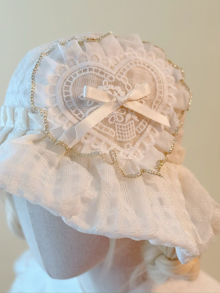 White Lace Heart Bow Ruffle Bucket Hat
