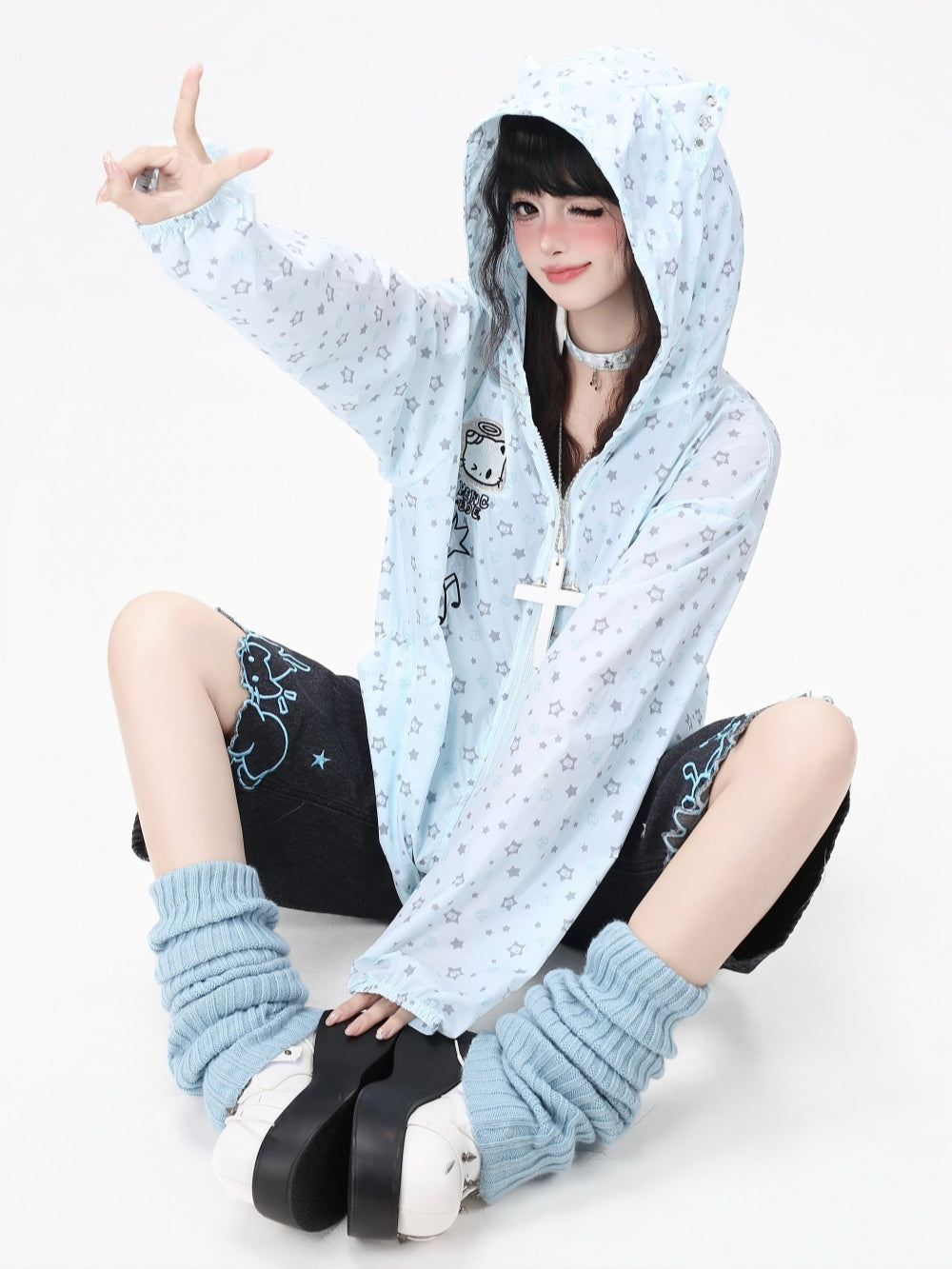 Pastel Star Print Hooded Sun Jacket
