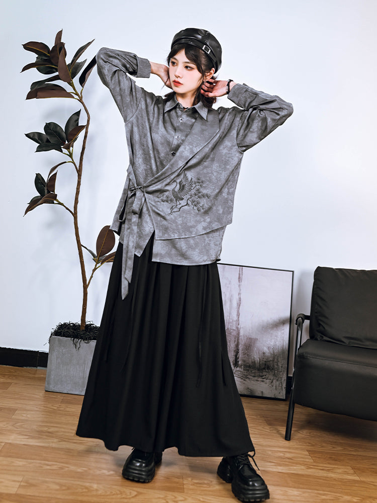 Chinese-style asymmetrical patchwork and embroidery shirt