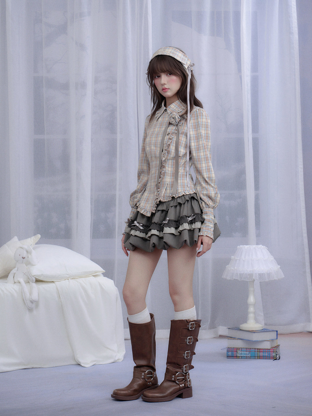 Gray Bow Ruffle Bubble Mini Skirt