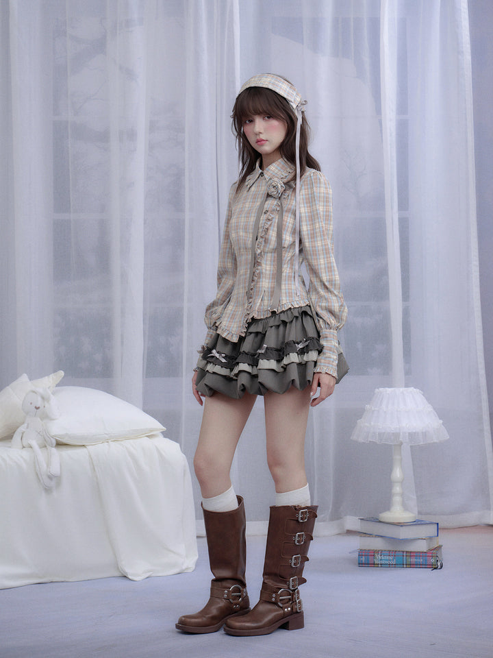 Gray Bow Ruffle Bubble Mini Skirt