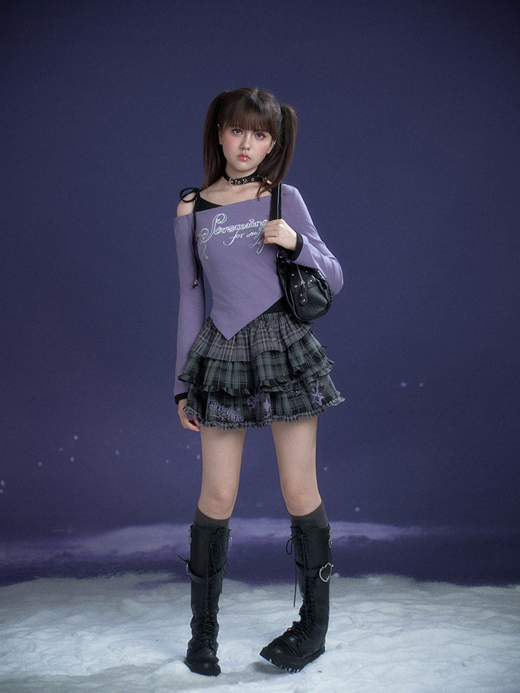 Purple Letter Print Layered Style Long Sleeve Top