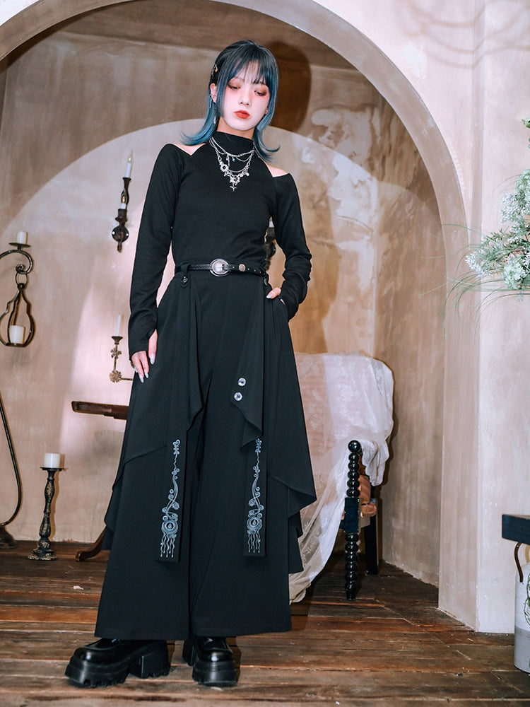 Chinese-style Embroidered Double-layer Asymmetrical Black Wide-leg Pants