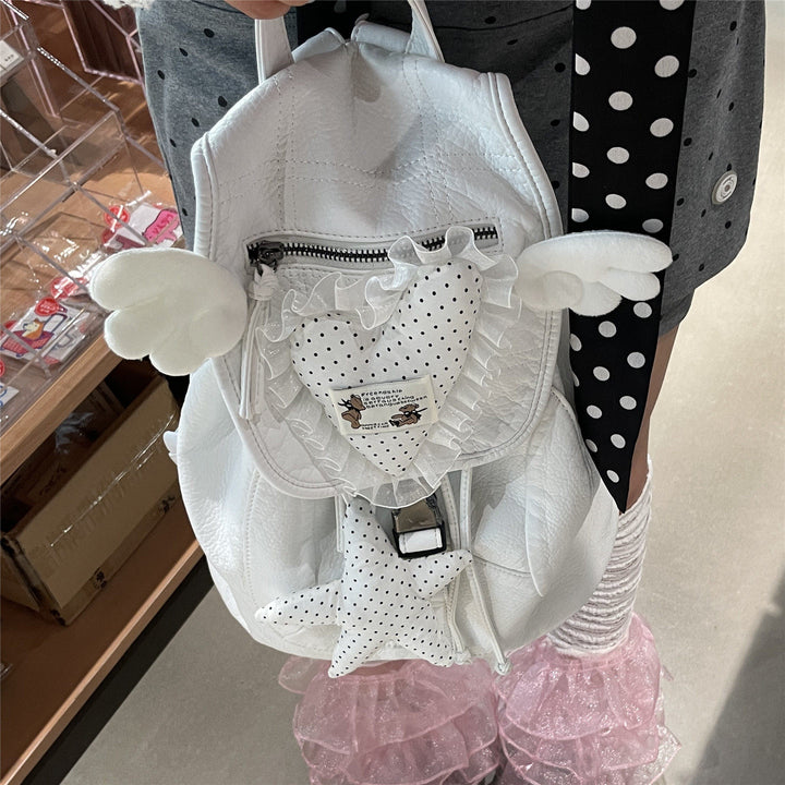 White Leather Heart Angel Wings Backpack