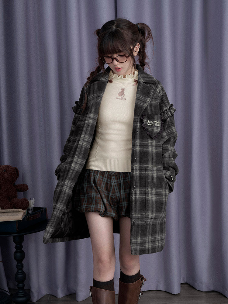 Brown Plaid Belted Bubble Mini Skirt