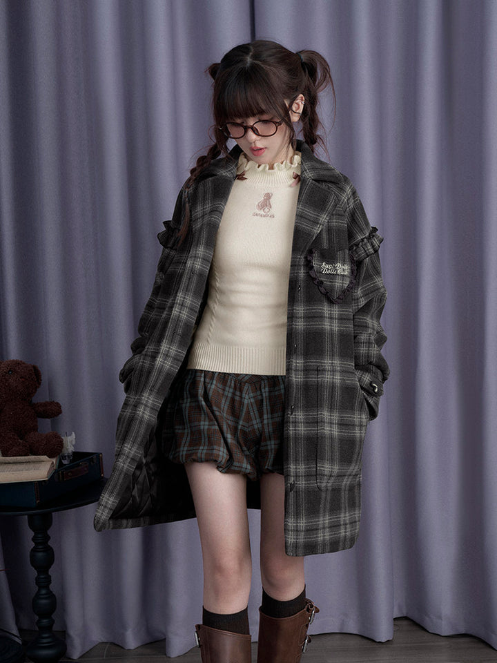 Brown Plaid Belted Bubble Mini Skirt