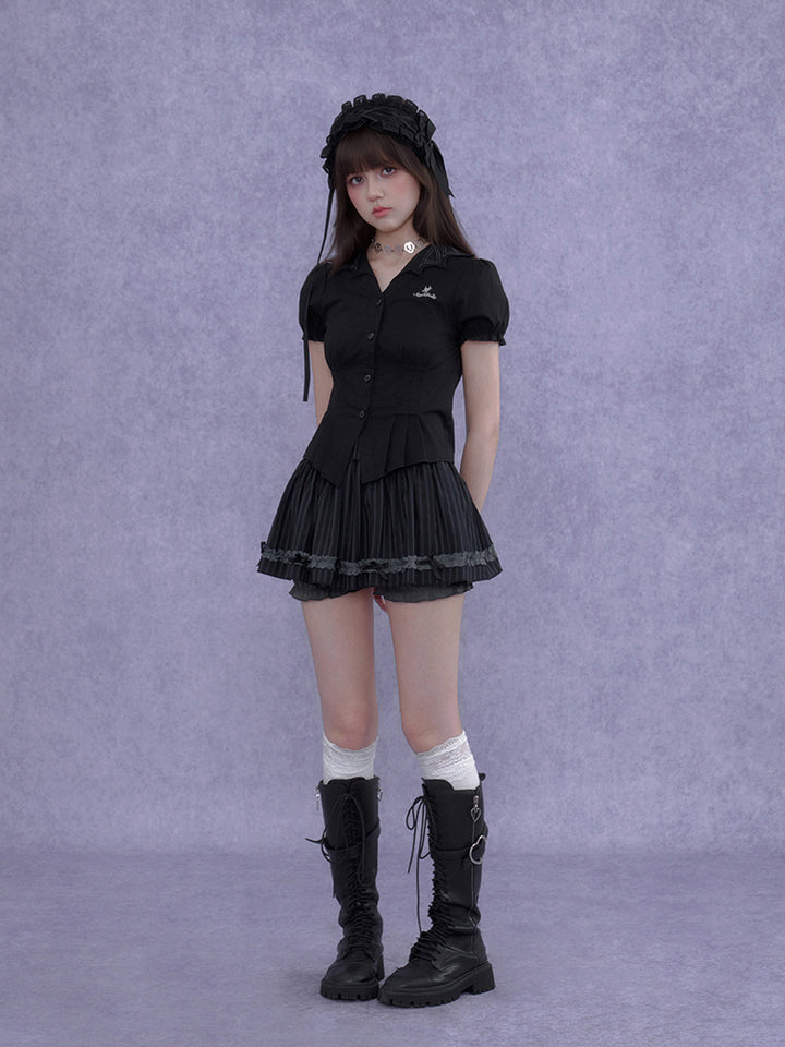 Pinstripe Ruffle Lace Bow Mini Skort