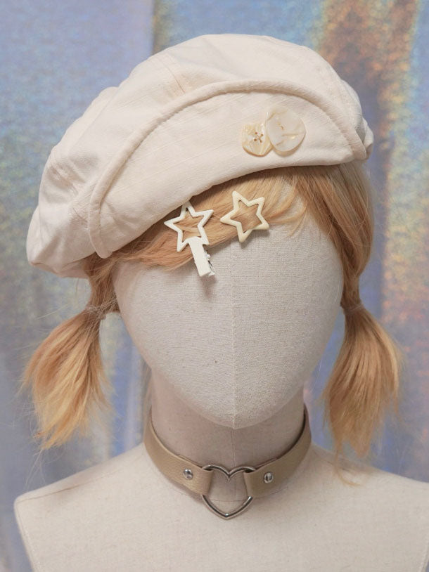 Cream Button Detail Casual Beret