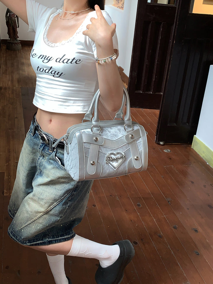 Chic Silver Metallic Handbag with Heart Emblem