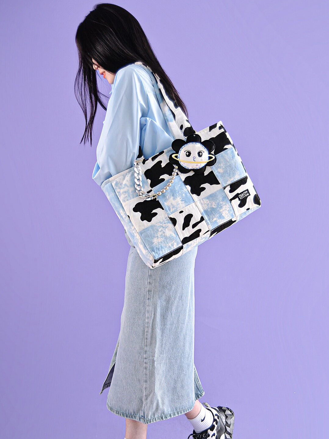 Cow Pattern Block Tote Bag
