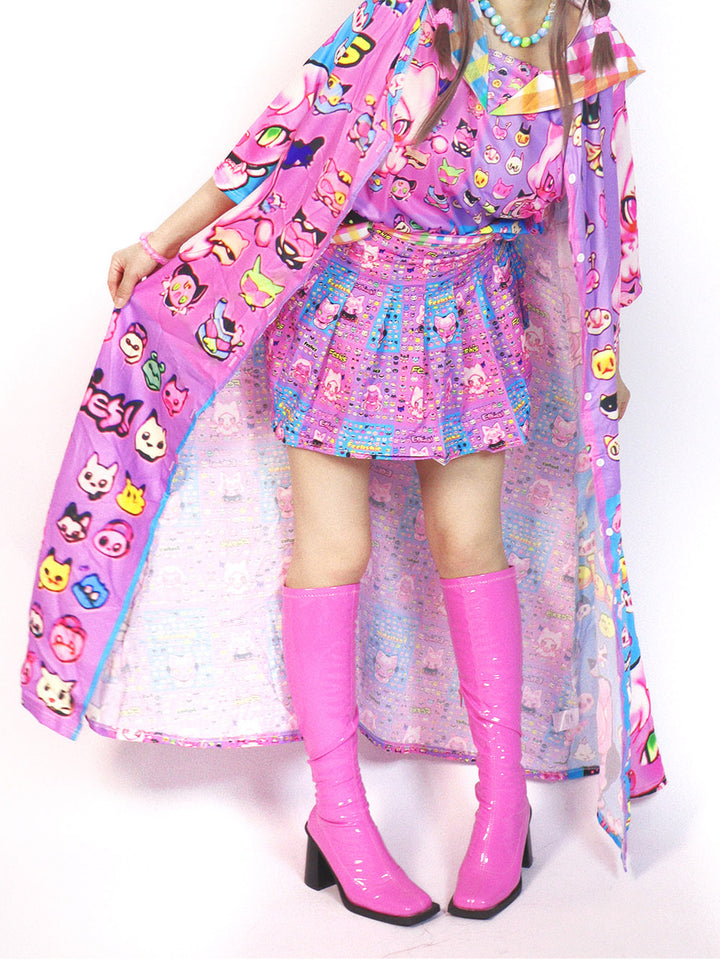 Kawaii Pink Cat Print Pleated Mini Skirt
