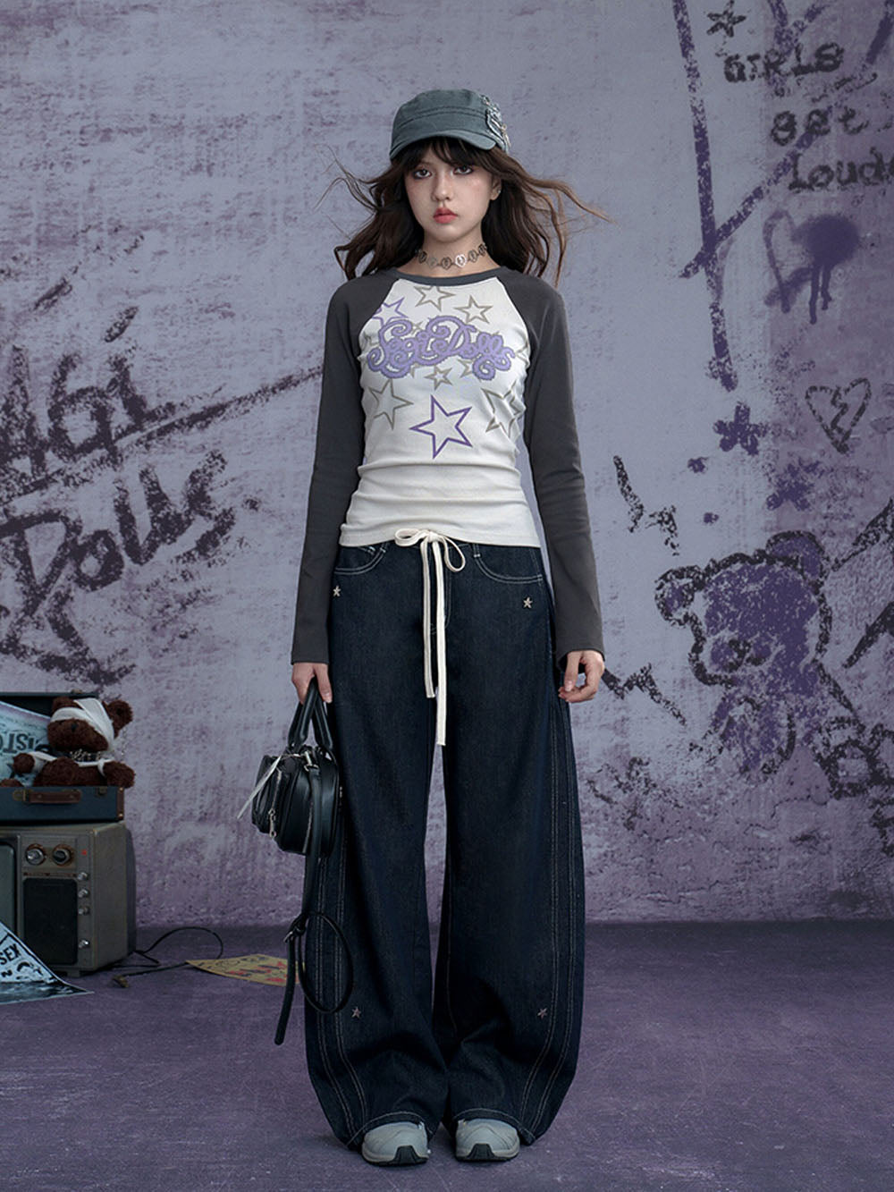 Dark Wash Star Drawstring Wide Leg Jeans
