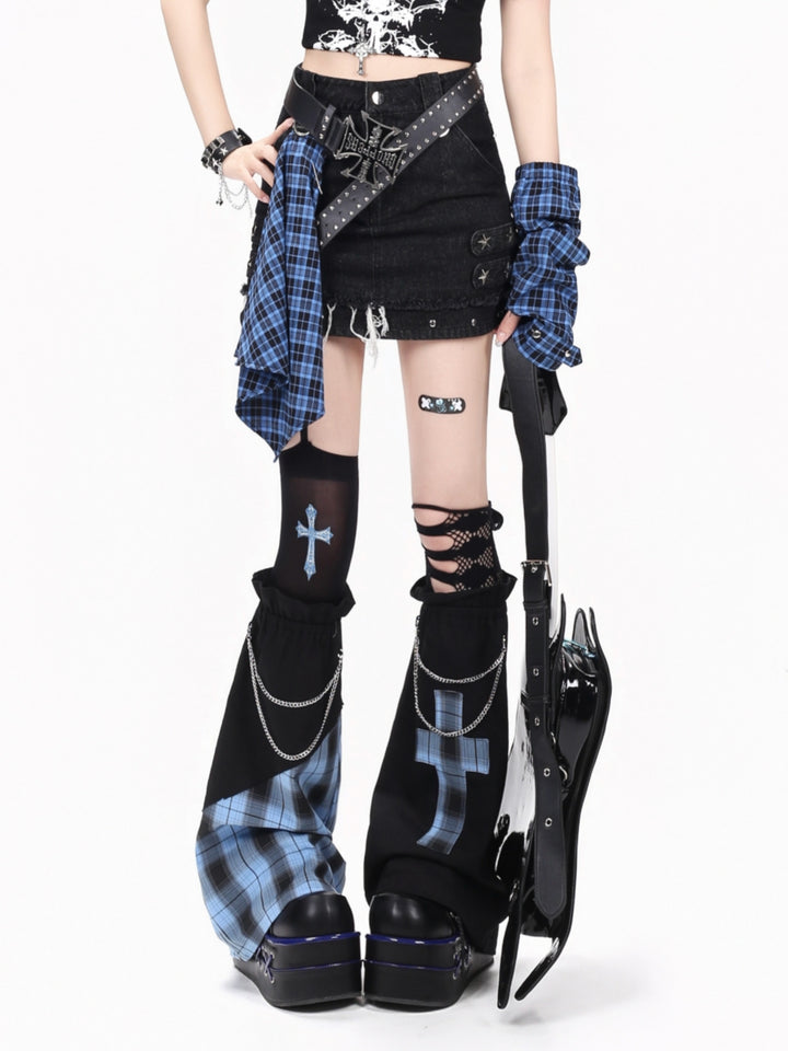Asymmetric Plaid Cross Patch Goth Leg Warmers