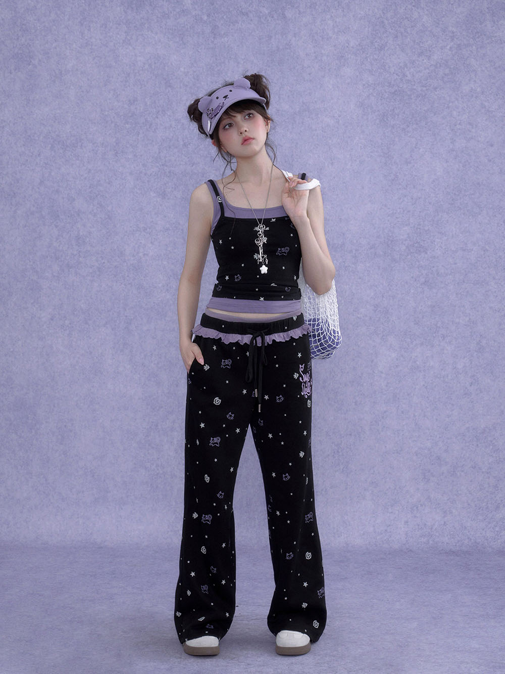 Black Cat Star Print Ruffle Wide Leg Pants