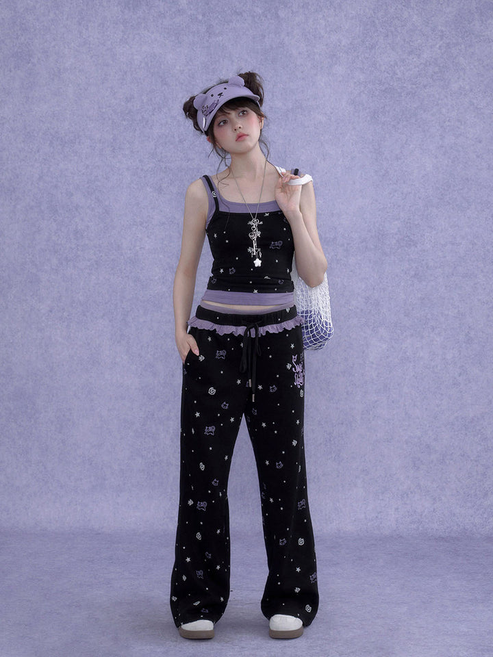 Black Cat Star Print Ruffle Wide Leg Pants