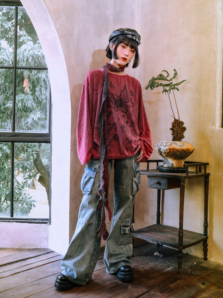 Butterfly Print Red distressed long-sleeve top