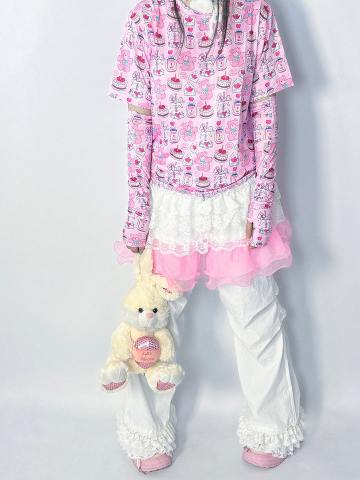 White Pink Ruffle Lace Wide Leg Pants