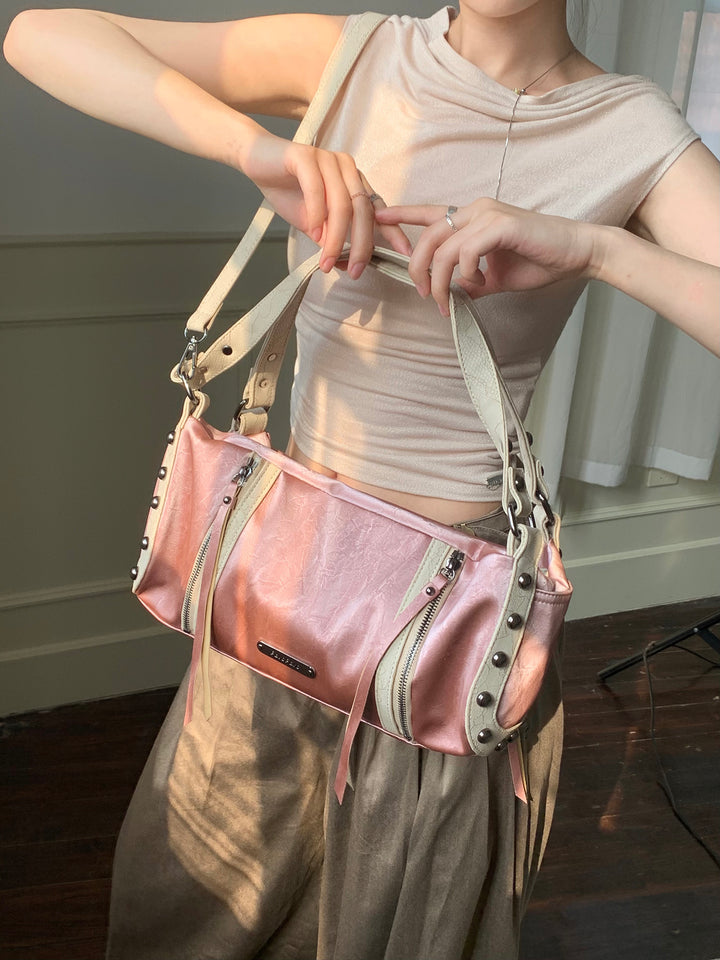 Chic Crinkled Leather Crossbody Bag with Metallic Studs