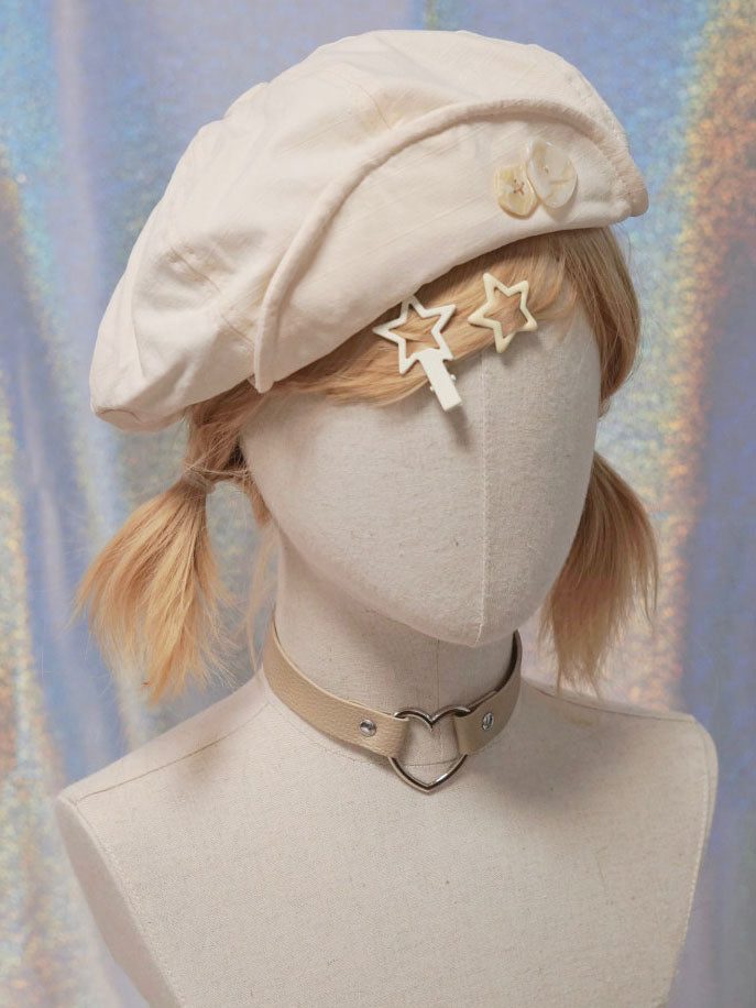 Cream Button Detail Casual Beret