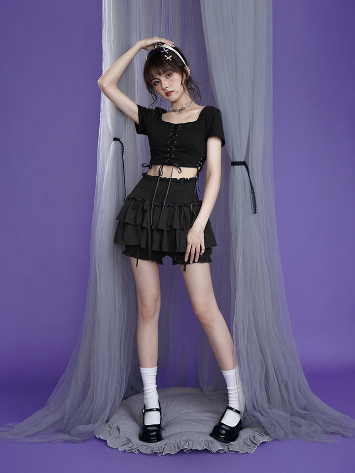 Black Smocked Waist Layered Ruffle Skort