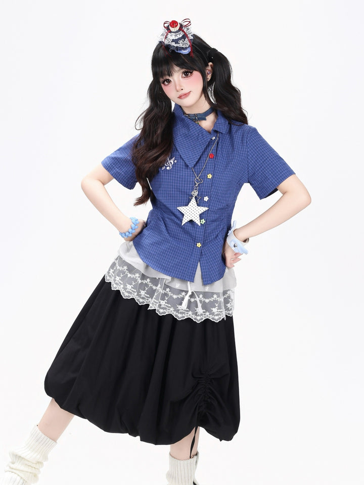Asymmetric Plaid Ruffle Kawaii Shirt