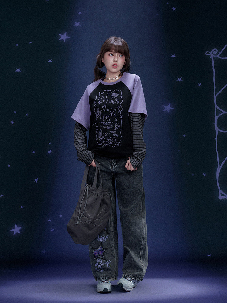 Black Purple Graffiti Print Faux Two Piece Top