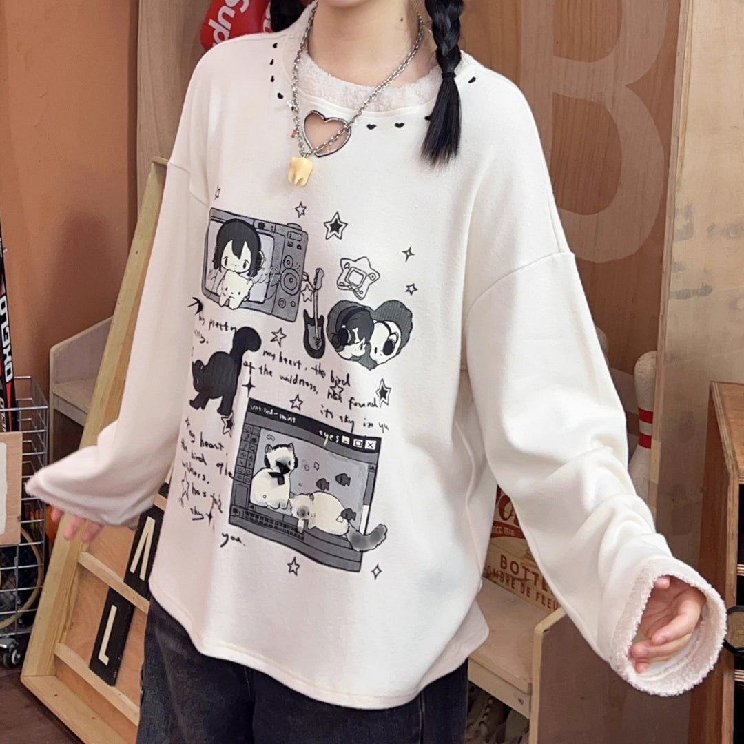 Playful Micro-Stretch Dual-Tone Printed Long-Sleeve T-Shirt