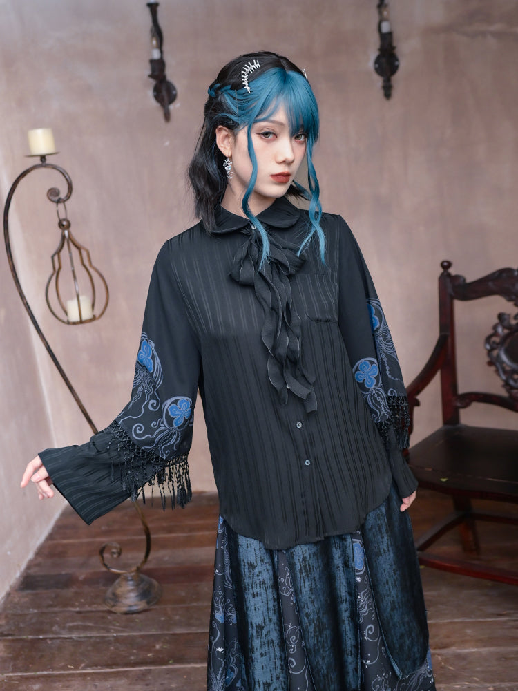 Blue Tears' Black Sweet-Cool Style Shirt with Double-Layer Sleeves