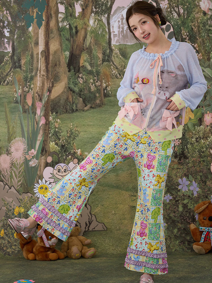 Patchwork Animal Floral Ruffle Flare Pants